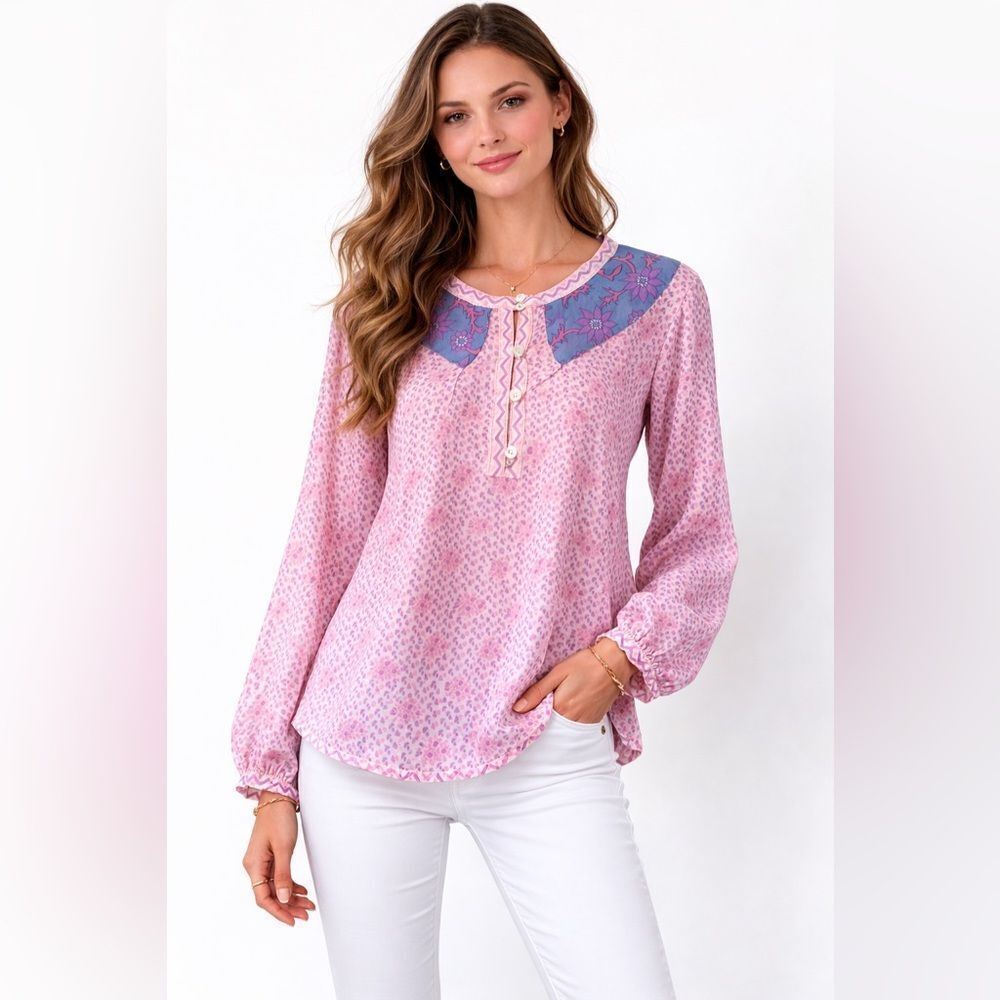 Boheme Boho Pink and Blue Floral Blouse NWOT🌸
